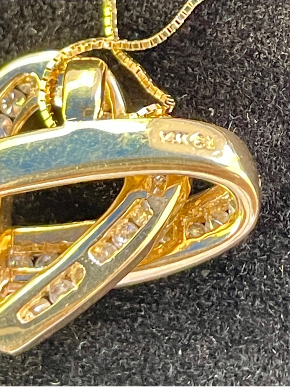 Authentic 14K Yellow Gold Double Interlocking Heart Diamond Necklace. - Picture 5 of 7